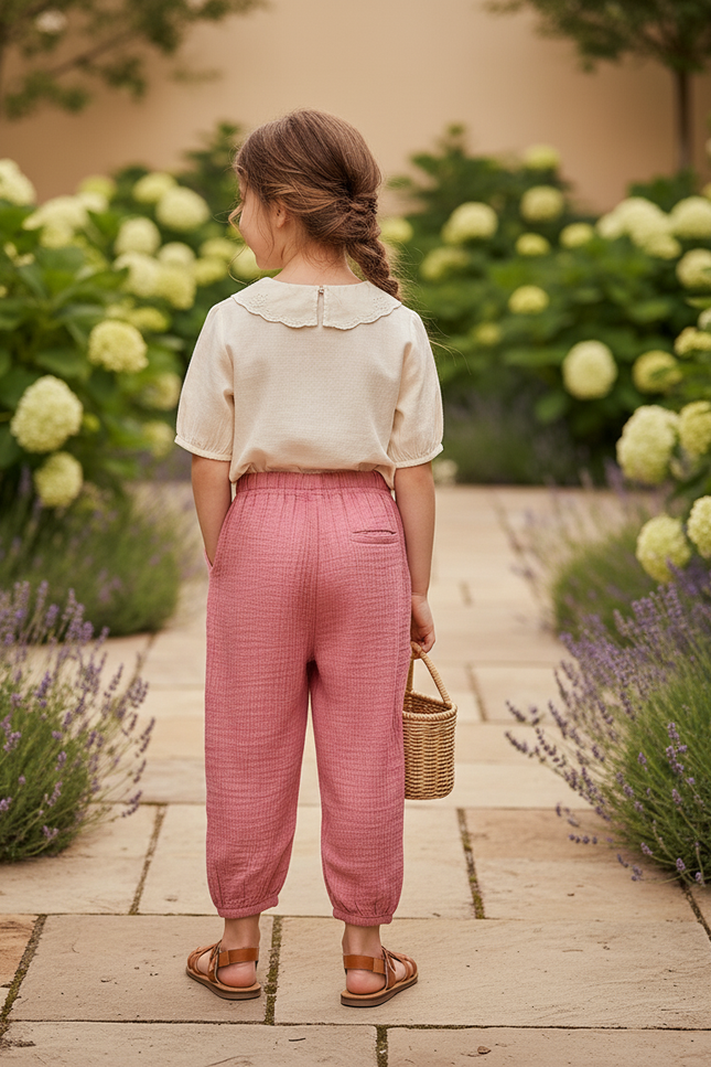 Pantalon En Lin Rose Plissé Ample Fille Léger - vue 2