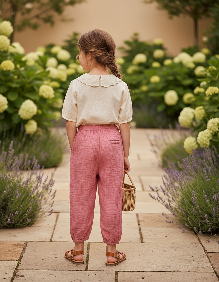 Pantalon En Lin Rose Plissé Ample Fille Léger - vue 2