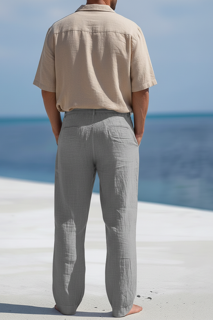 Pantalon En Lin Gris Droit Boutons Confortable Décontracté Respirant - vue 2
