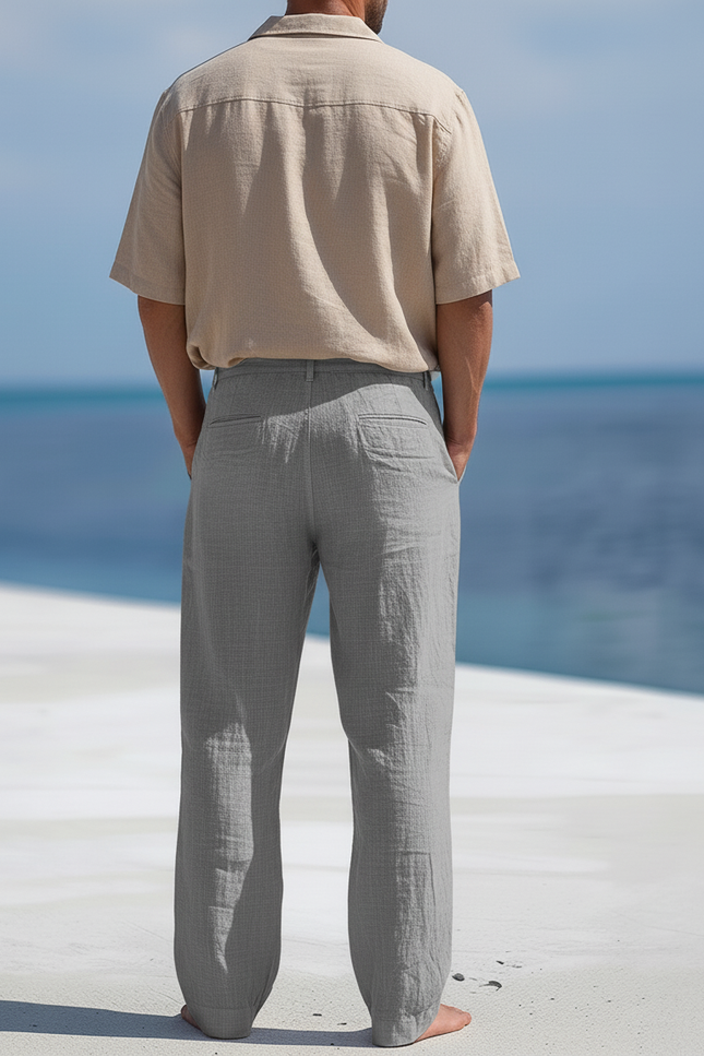 Pantalon En Lin Gris Droit Boutons Confortable Décontracté Respirant - vue 2