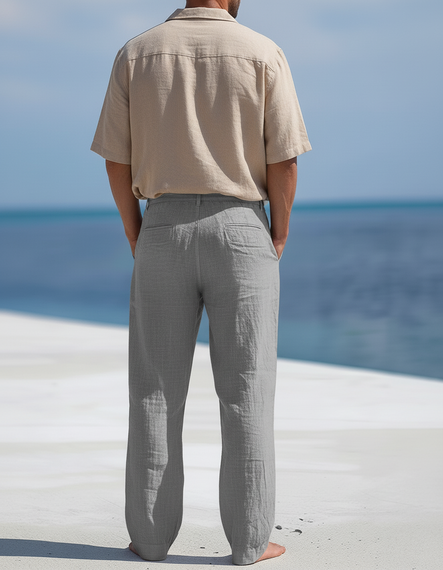 Pantalon En Lin Gris Droit Boutons Confortable Décontracté Respirant - vue 2