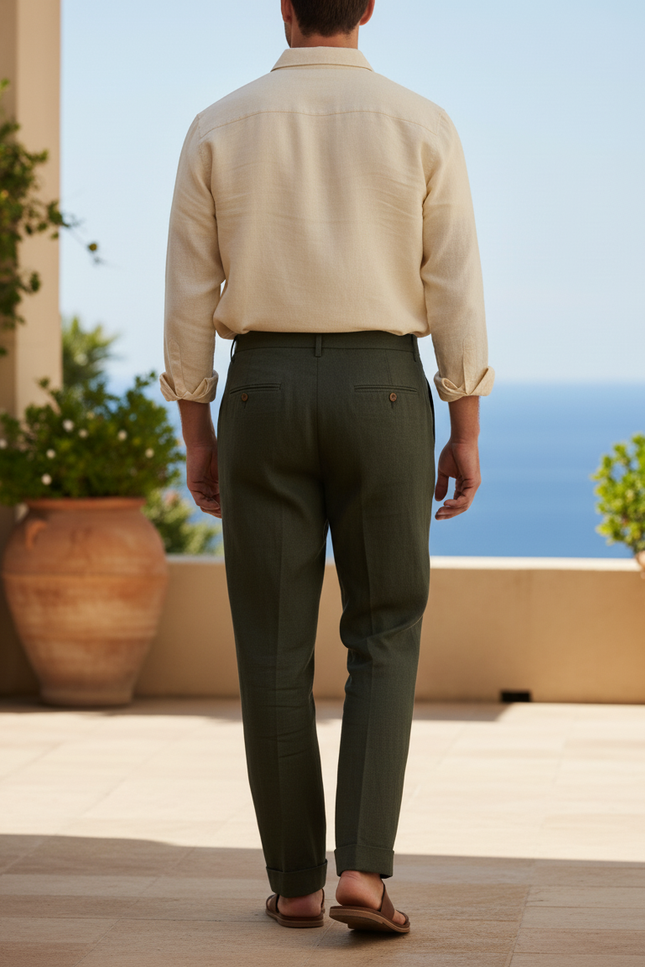 Pantalon En Lin Vert Foncé Plissé Droit Homme Élégant - vue 2