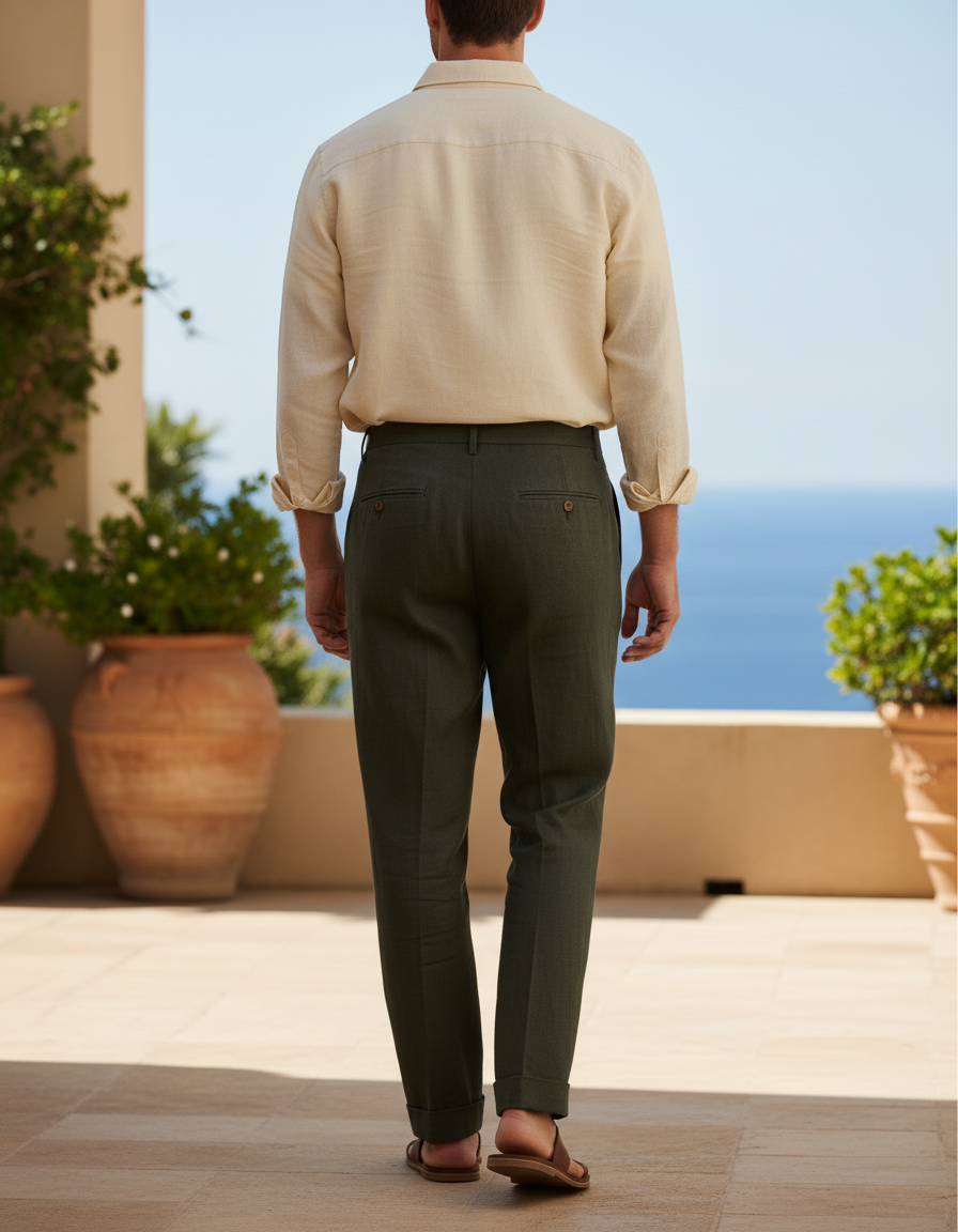 Pantalon En Lin Vert Foncé Plissé Droit Homme Élégant - vue 2
