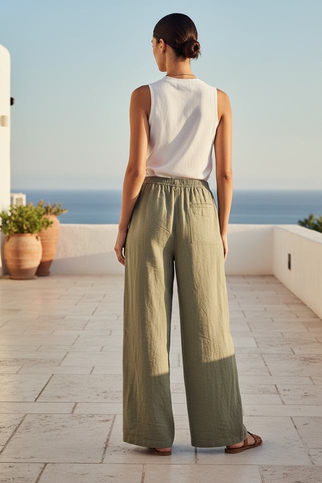 Pantalon En Lin Ample Vert Femme Décontracté Fluide - Kaki - vue 2