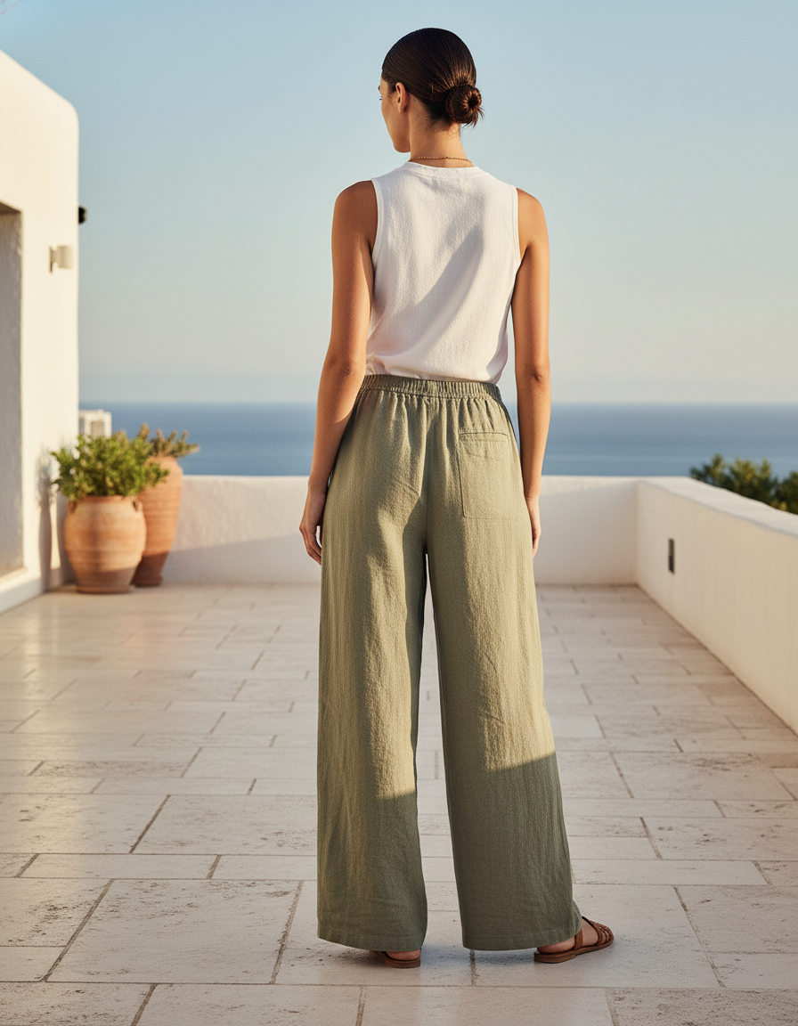 Pantalon En Lin Ample Vert Femme Décontracté Fluide - Kaki - vue 2
