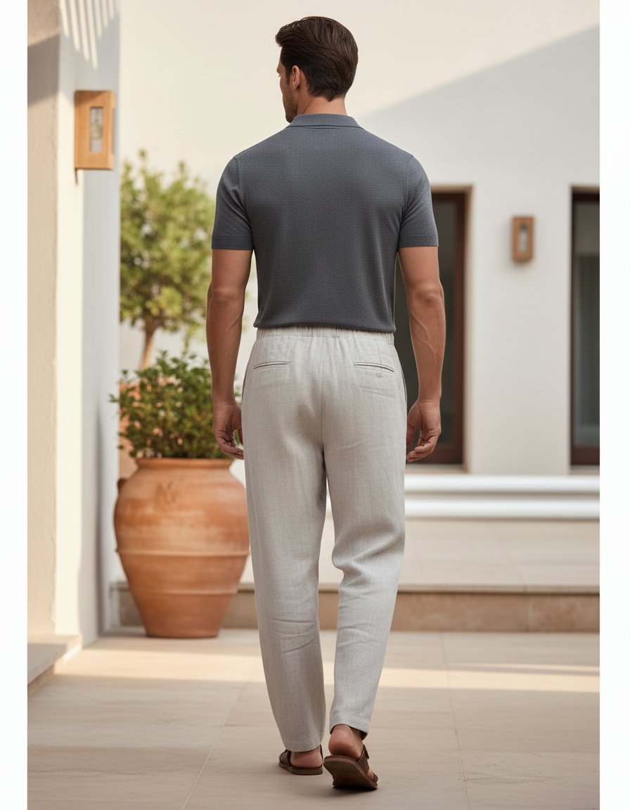 Pantalon En Lin Homme Ample Décontracté Beige Clair - vue 2