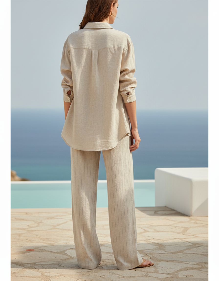 Pantalon Lin Rayé Femme - Beige - vue 2