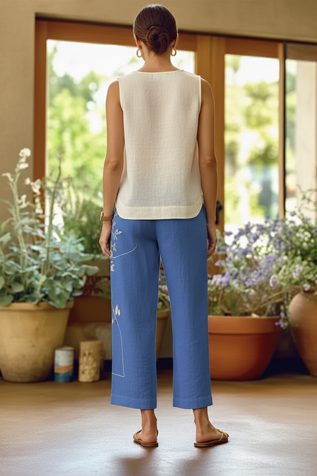 Pantalon En Lin Bleu Brodé Floral Ample Décontracté - vue 2