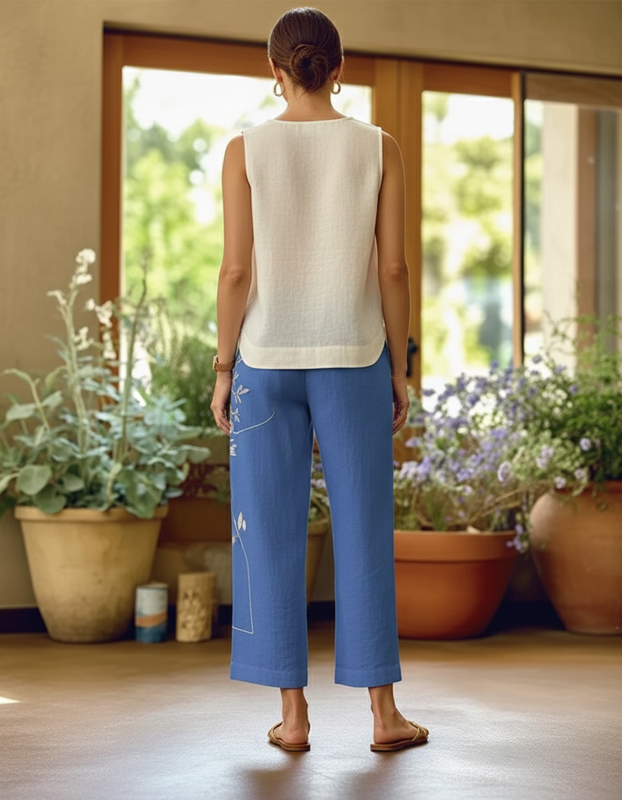 Pantalon En Lin Bleu Brodé Floral Ample Décontracté - vue 2