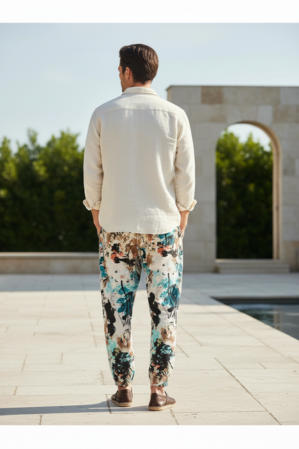 Pantalon En Lin Imprimé Abstrait Fluide Homme Décontracté - vue 2