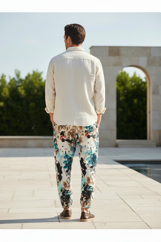 Pantalon En Lin Imprimé Abstrait Fluide Homme Décontracté - vue 2