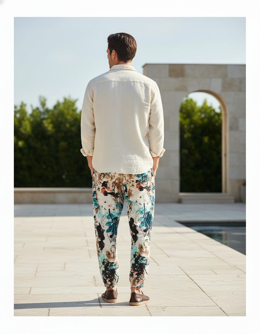 Pantalon En Lin Imprimé Abstrait Fluide Homme Décontracté - vue 2