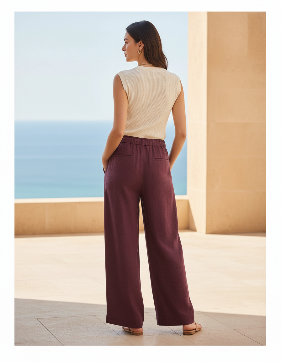 Pantalon En Lin Bordeaux - vue 2