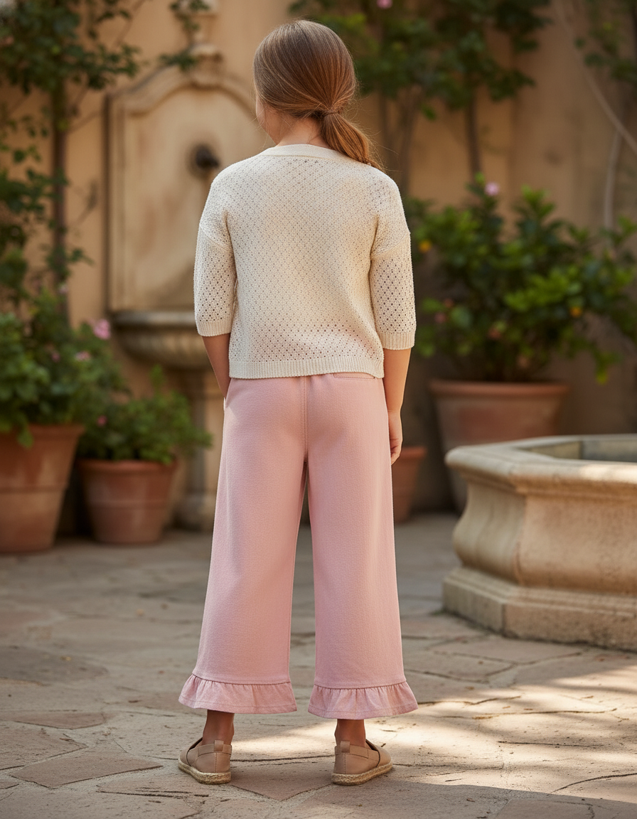 Pantalon En Lin Rose Volants Brodés Ample Fille - Molleton - vue 2