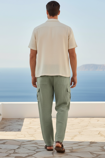Pantalon En Lin Vert Cargo Droit Ample Décontracté Homme - vue 2