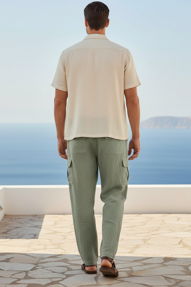 Pantalon En Lin Vert Cargo Droit Ample Décontracté Homme - vue 2