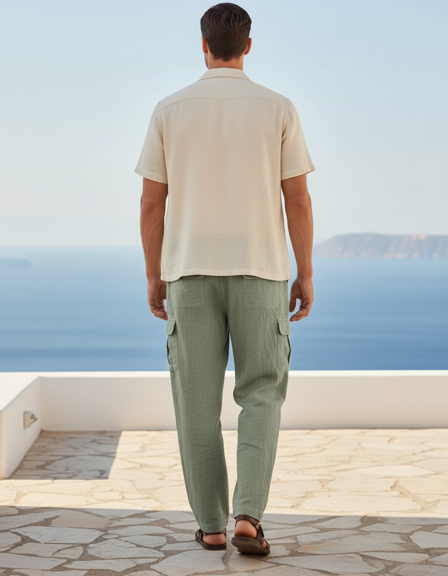 Pantalon En Lin Vert Cargo Droit Ample Décontracté Homme - vue 2