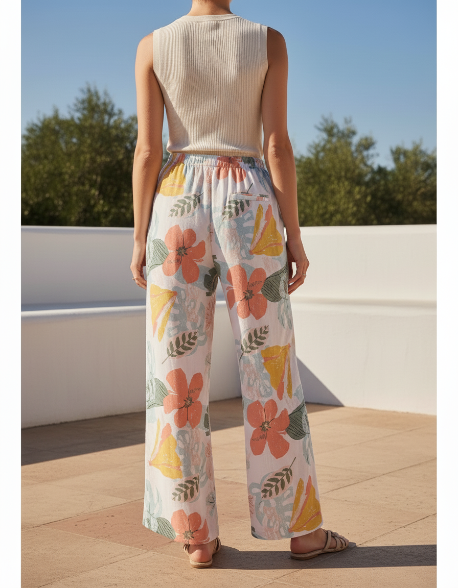 Pantalon En Lin Fleuri Ample Fluide Estival Blanc - vue 2