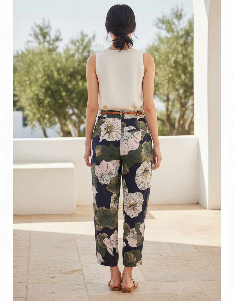 Pantalon En Lin Fleuri Fluide Ample Estival Décontracté - Imprimé - vue 2