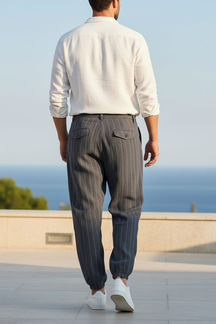 Pantalon En Lin Homme Rayé Ample Décontracté - Gris - vue 2