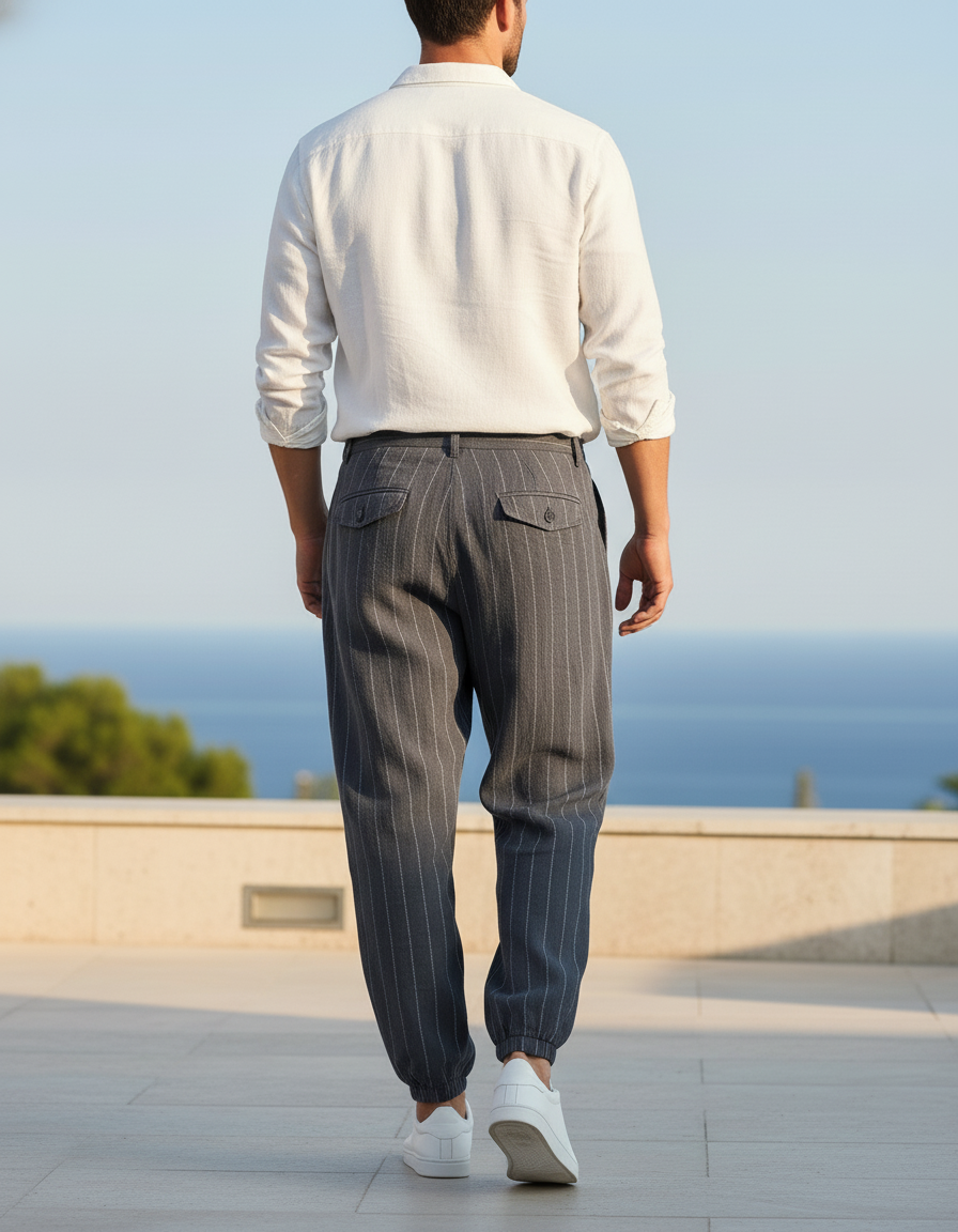 Pantalon En Lin Homme Rayé Ample Décontracté - Gris - vue 2
