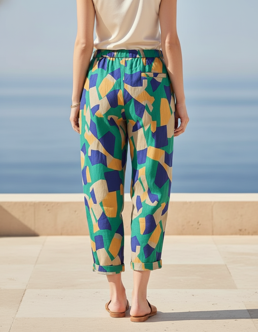 Pantalon En Lin Imprimé Géométrique Ample Décontracté Fluide - Multicolore - vue 2
