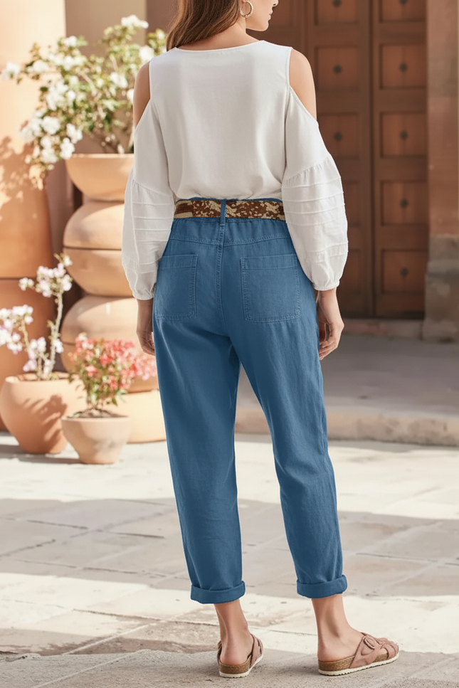 Pantalon En Lin Bleu Ample Décontracté Boutons Poches - vue 2