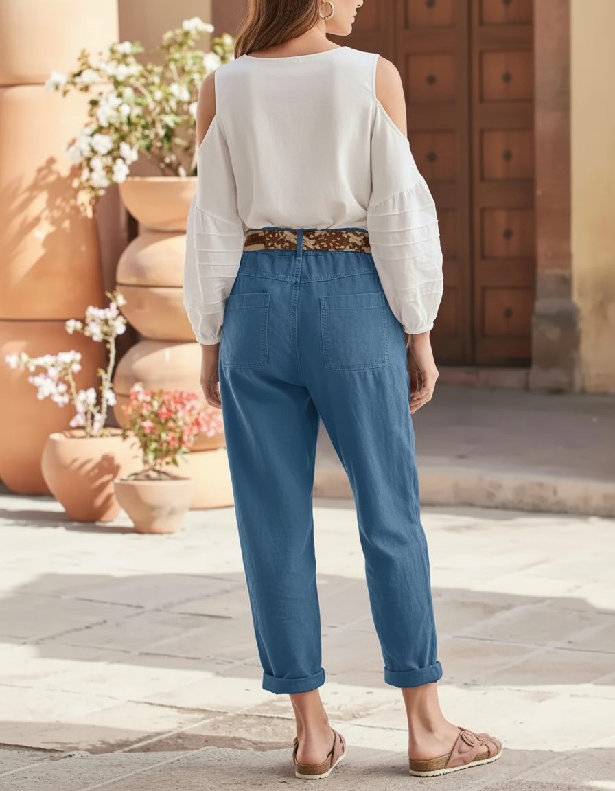 Pantalon En Lin Bleu Ample Décontracté Boutons Poches - vue 2