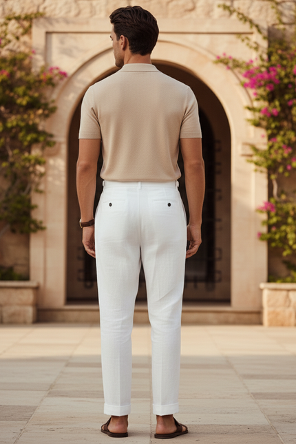 Pantalon En Lin Blanc Taille Haute Droit Élégant Homme - vue 2