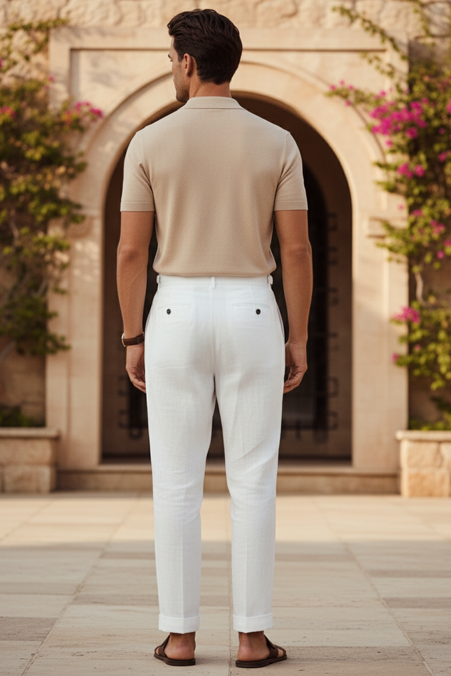 Pantalon En Lin Blanc Taille Haute Droit Élégant Homme - vue 2