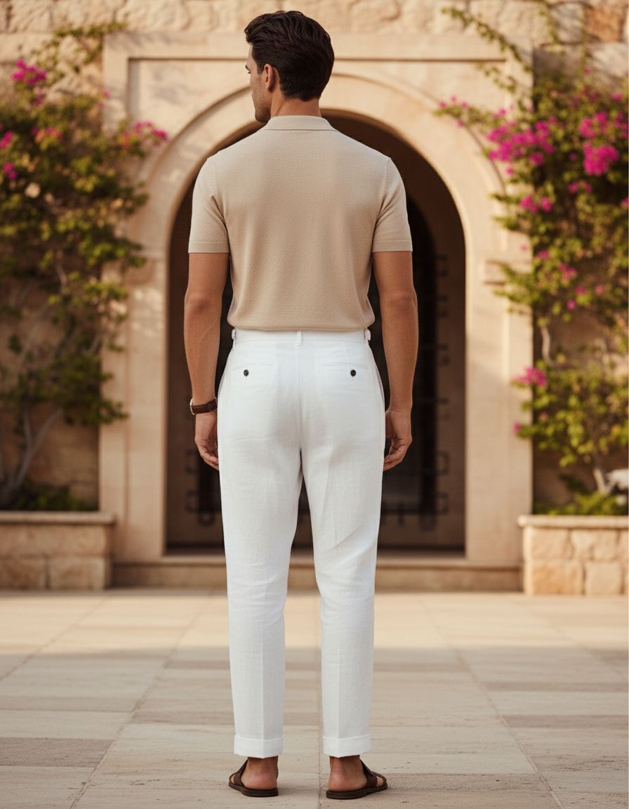 Pantalon En Lin Blanc Taille Haute Droit Élégant Homme - vue 2