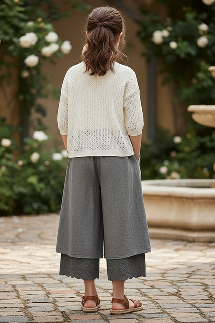 Pantalon En Lin Gris Ample Brodé Fille Fluide - vue 2