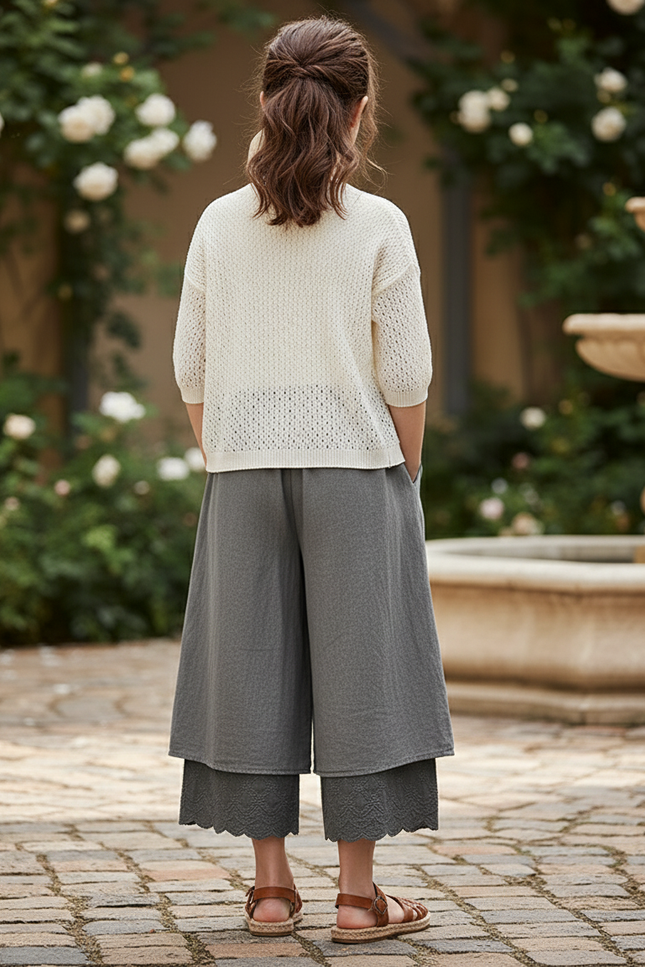 Pantalon En Lin Gris Ample Brodé Fille Fluide - vue 2