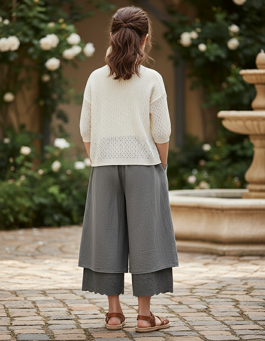 Pantalon En Lin Gris Ample Brodé Fille Fluide - vue 2