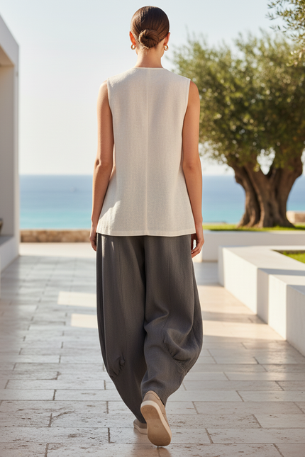 Pantalon En Lin Gris Ample Sarouel Décontracté Femme - vue 2