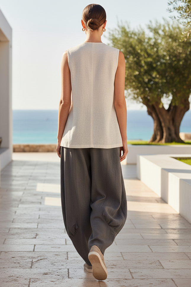 Pantalon En Lin Gris Ample Sarouel Décontracté Femme - vue 2