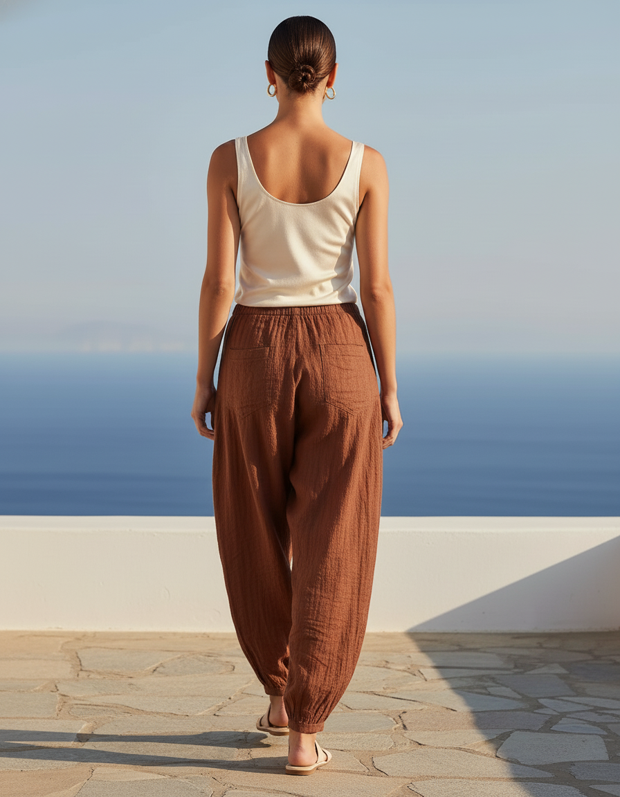 Pantalon En Lin Marron Ample Plissé Décontracté Femme - vue 2