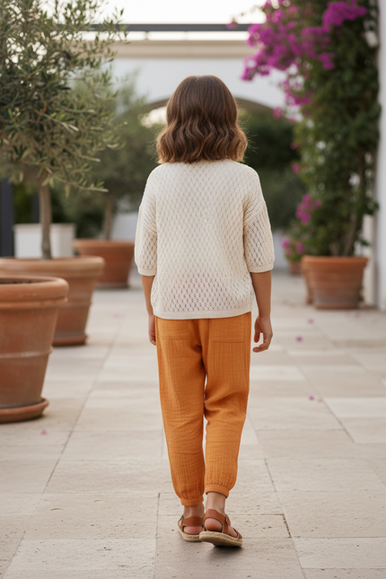Pantalon En Lin Enfant Harem Ample Décontracté Orange - vue 2