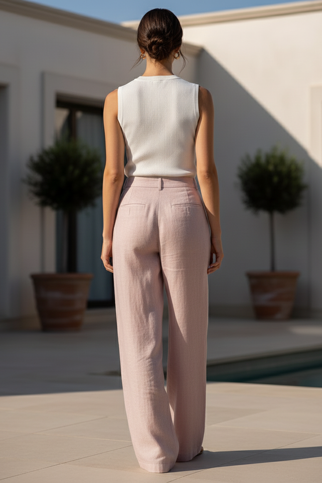 Pantalon En Lin Rose Ample Taille Haute Fluide Élégant - vue 2