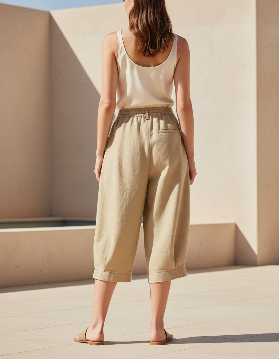 Pantalon En Lin Beige Ample Coton Fluide Décontracté - vue 2