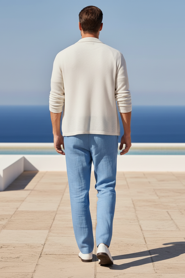 Pantalon En Lin Bleu Ciel Ample Décontracté Cordon Homme - vue 2