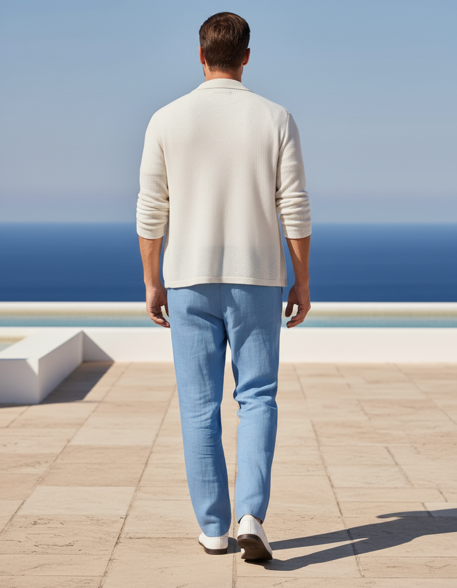 Pantalon En Lin Bleu Ciel Ample Décontracté Cordon Homme - vue 2