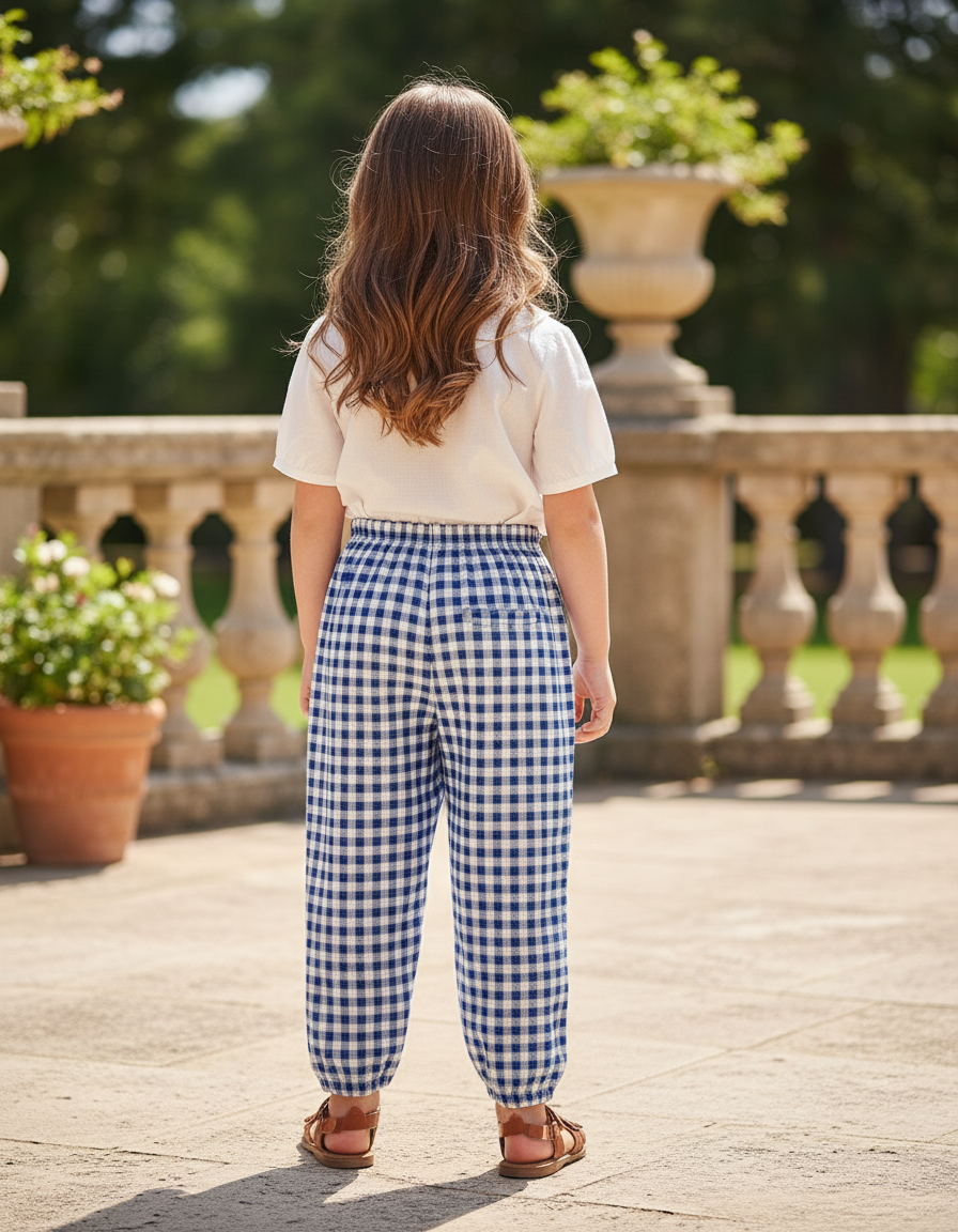 Pantalon En Lin Carreaux Bleus Ample Élastique Fille - vue 2