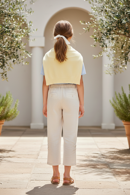 Pantalon En Lin Écru Ample Fille Détail Boutons - Beige - vue 2