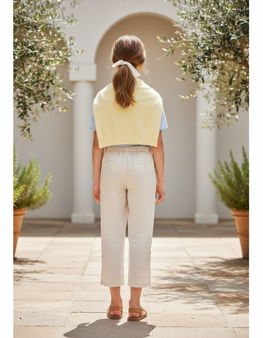Pantalon En Lin Écru Ample Fille Détail Boutons - Beige - vue 2