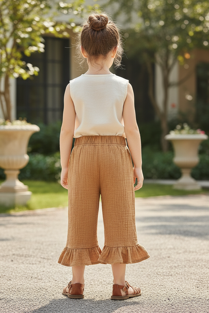 Pantalon En Lin Enfant Marron Ample Volants Coton Confortable - vue 2