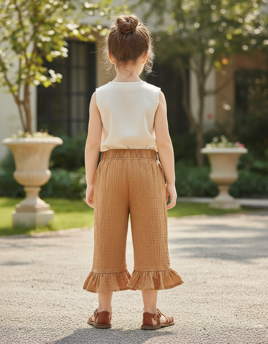 Pantalon En Lin Enfant Marron Ample Volants Coton Confortable - vue 2