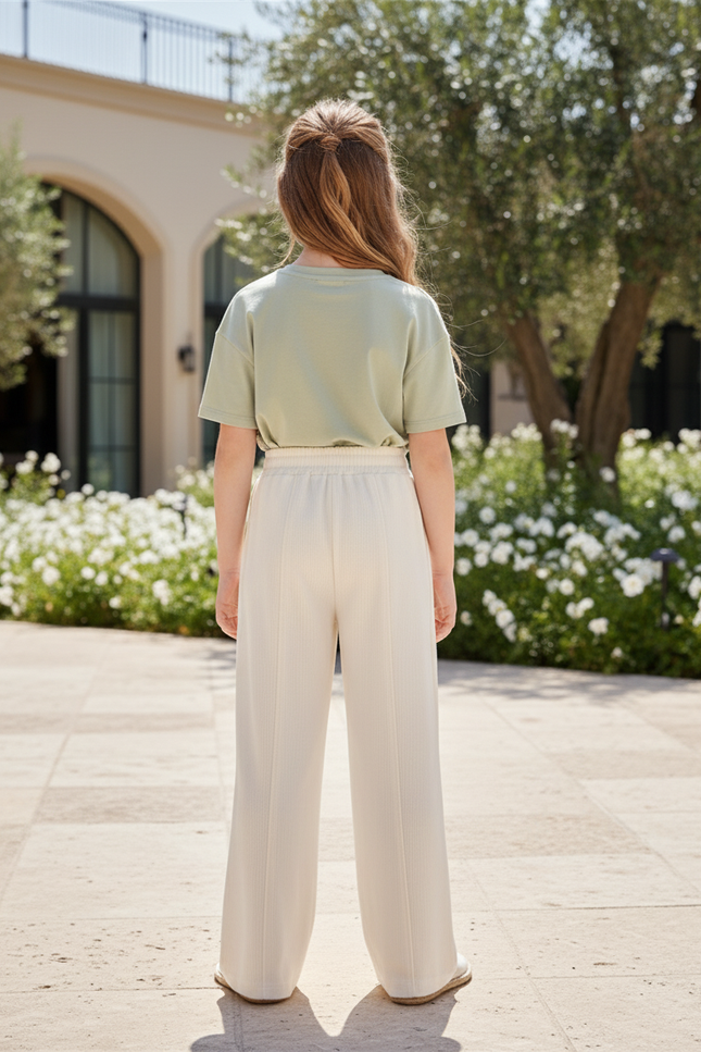 Pantalon En Lin Écru Large Décontracté Fille - Beige - vue 2