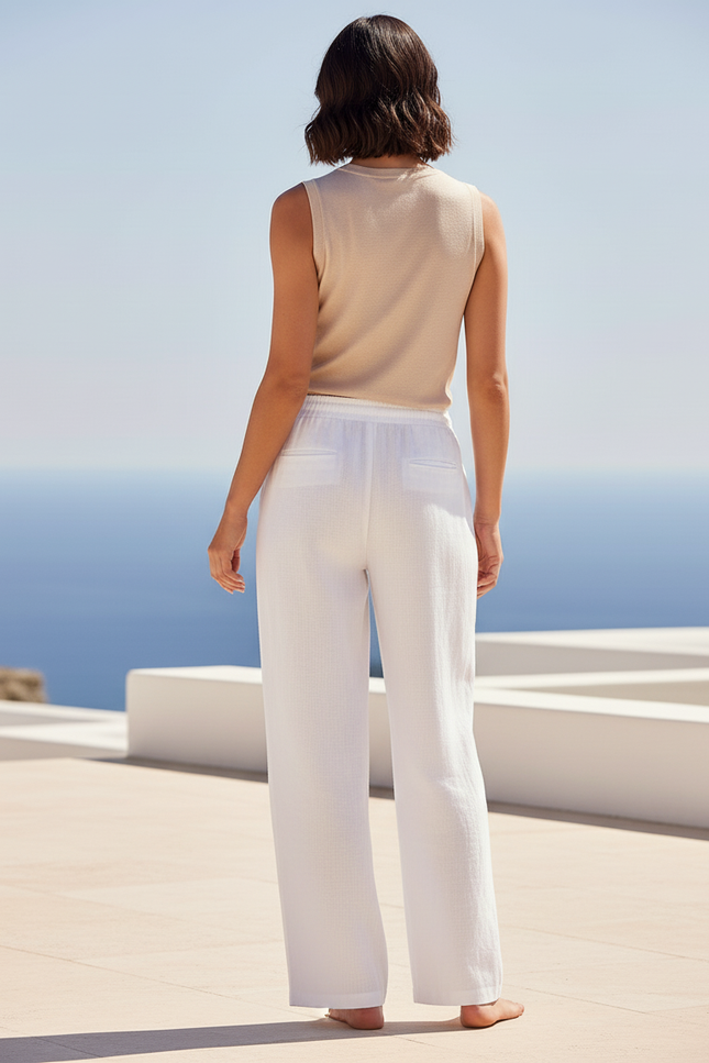 Pantalon En Lin Blanc Ample Décontracté Cordon Léger - vue 2