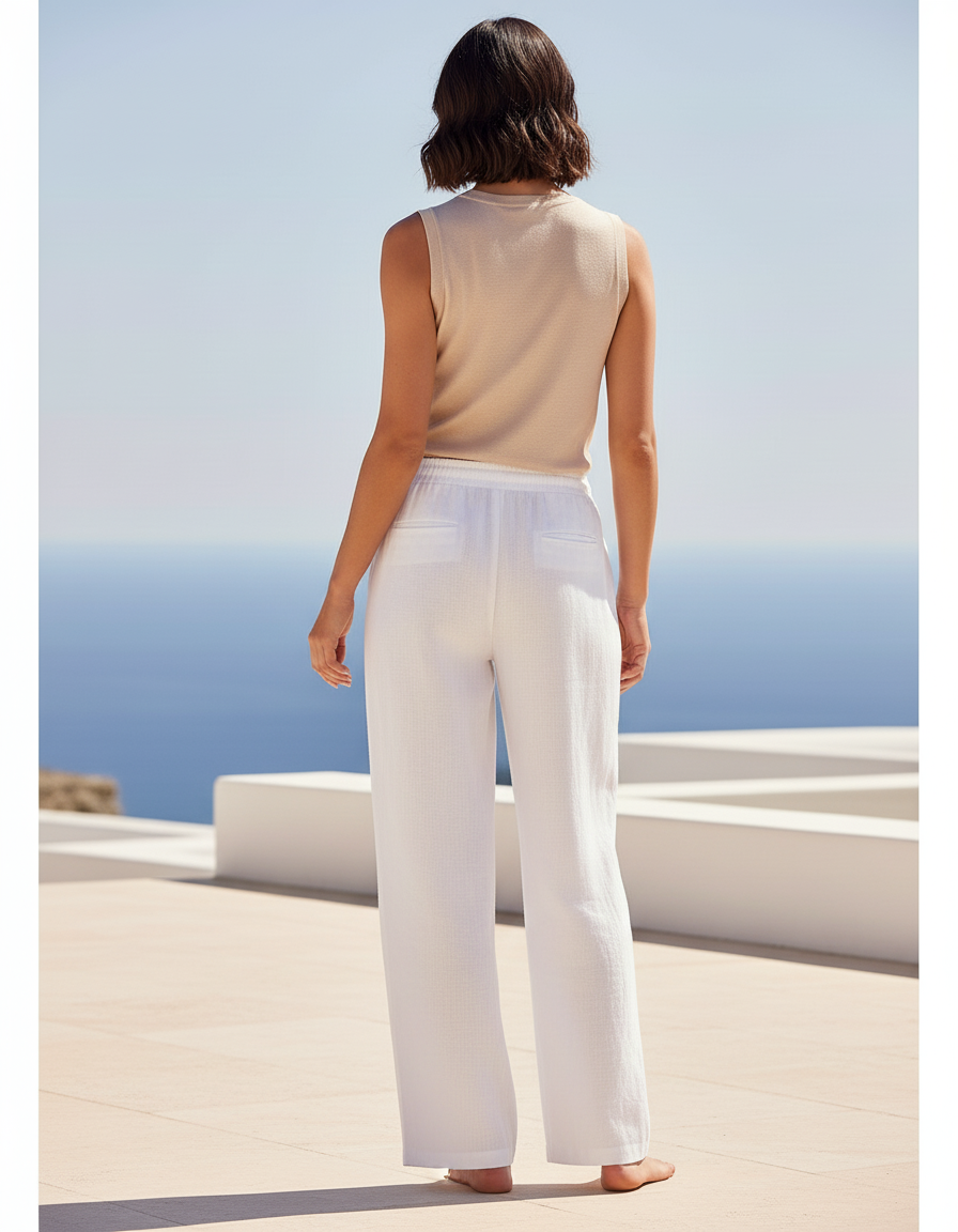 Pantalon En Lin Blanc Ample Décontracté Cordon Léger - vue 2